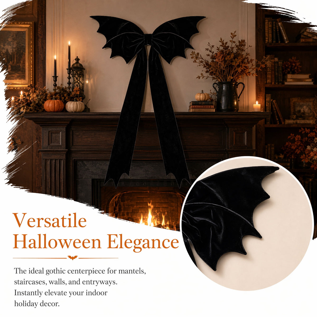 Halloween Decor, Black Bow, Giant Velvet Halloween Bow, Black Bat Wing Decor, Spooky Gothic Tree Topper for Front Door Wreath Suitable for Hanging on Doors and Fireplaces