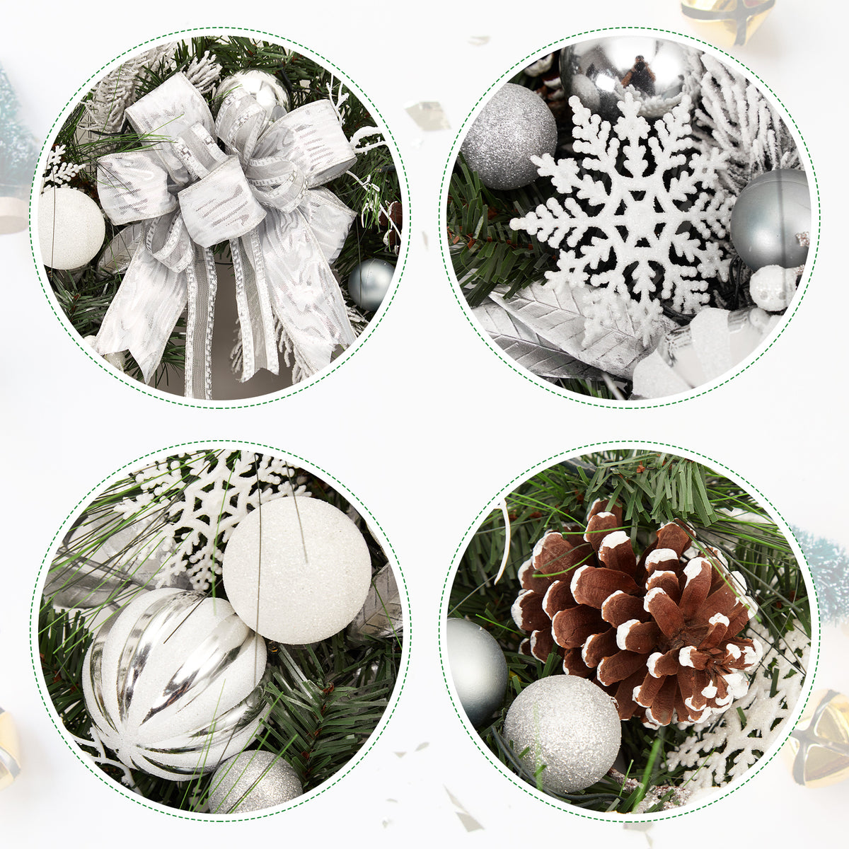 JoanKaren 24 inch Large Christmas Wreath Silver White with 20 LED Lights,Prelit Xmas Wreath w/ Ball Ornaments Pine Cone