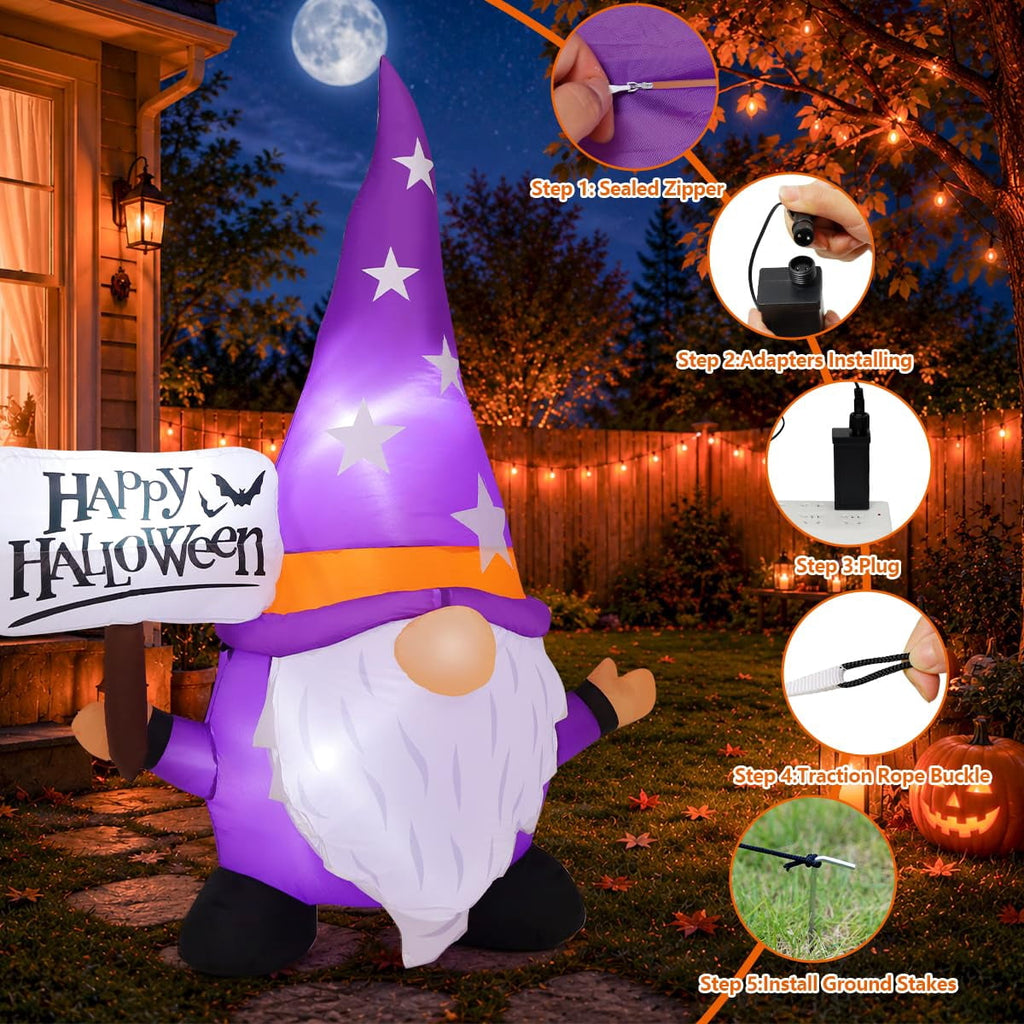 COMIN 5 FT Tall Halloween Inflatable Gnome Holding Happy Halloween Sign Outdoor Blow Up Gnome with Built-in LED Lights for Garden Patio Porch Holiday Party