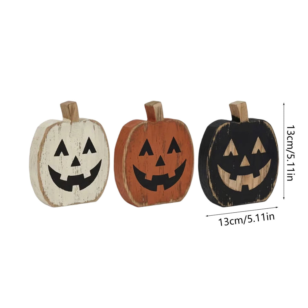 3 Pack Wooden Pumpkin Halloween Decor, Distressed Jack O Lantern Tabletop Set Rustic Indoor Fall Shelf Ornaments