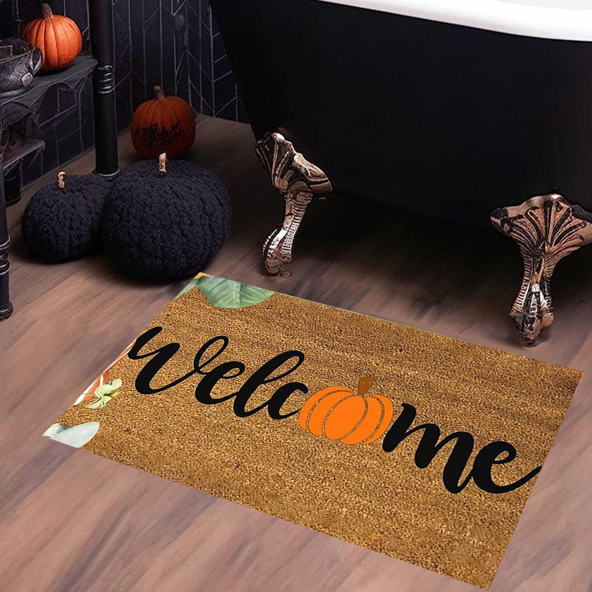 Zhourta Halloween Fall Plaid Outdoor Rug Orange Plaid Outdoor Rug Cotton Hand Woven Check Rug Layered Doormats for Front Door Front Porch Farmhouses Entryway Patio 15.7x23.6 Inch