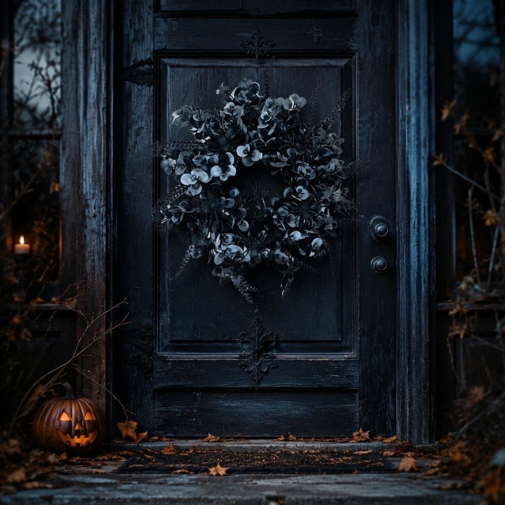 12 Inch Black Eucalyptus Halloween Wreath, Artificial Floral Door Wreath with Pumpkin Cutouts for Front Porch Indoor Door Halloween Party Gothic Home Decor