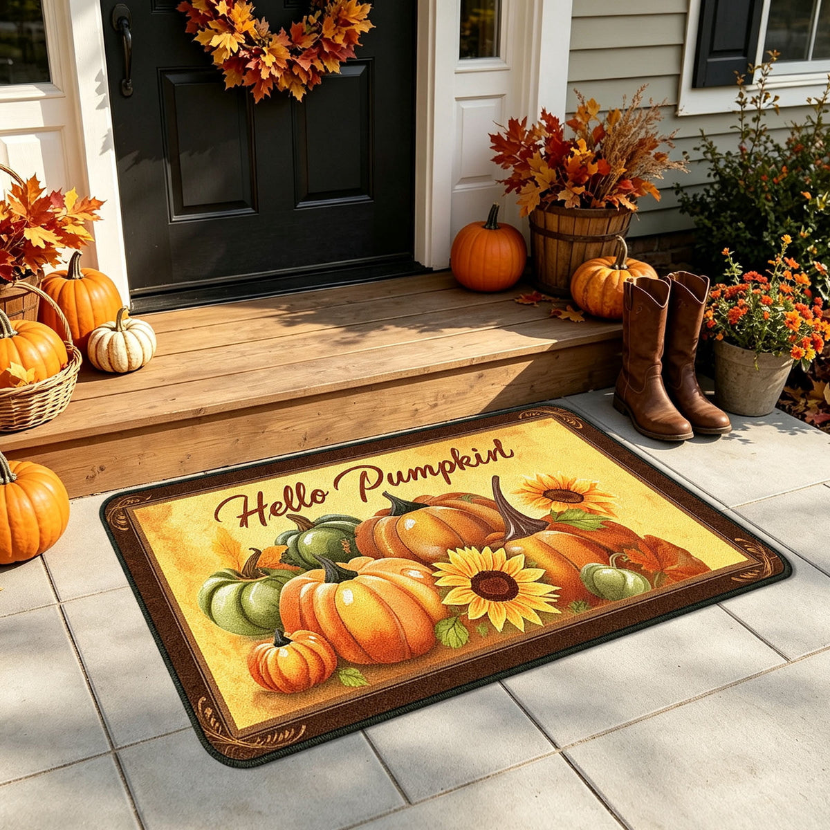 Yhmxh Fall Pumpkin Decorative Door Mat, Autumn Harvest Welcome Entryway Rug, Non‑Slip Absorbent Front Doormat, Seasonal Floor Mat for Indoor Outdoor Halloween Home Decoration 15.7x23.6 Inch