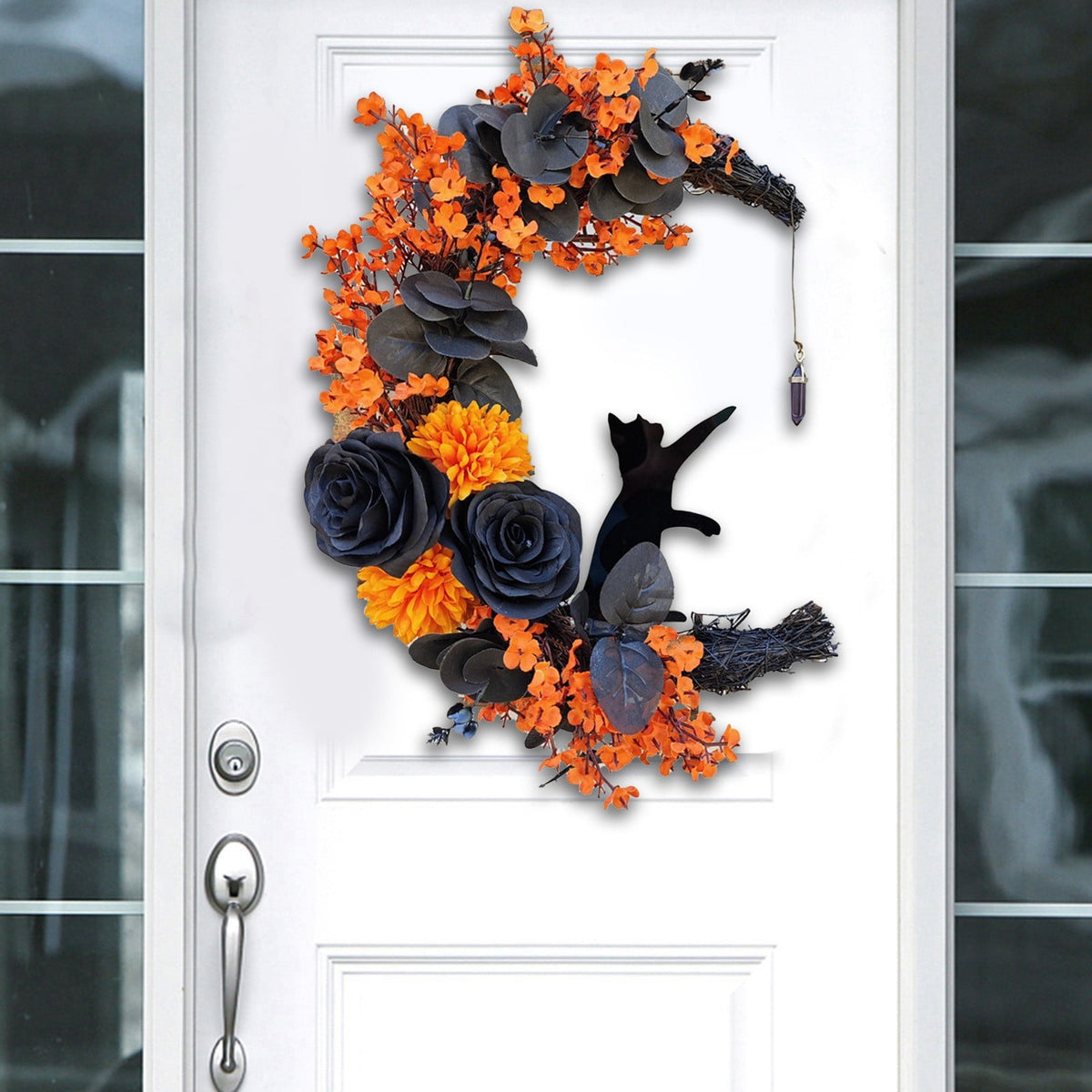 Lighted Halloween Wreath - Black Cat & Crescent Moon Design with LED Lights for Front Door, Porch & Wall Gothic Decor