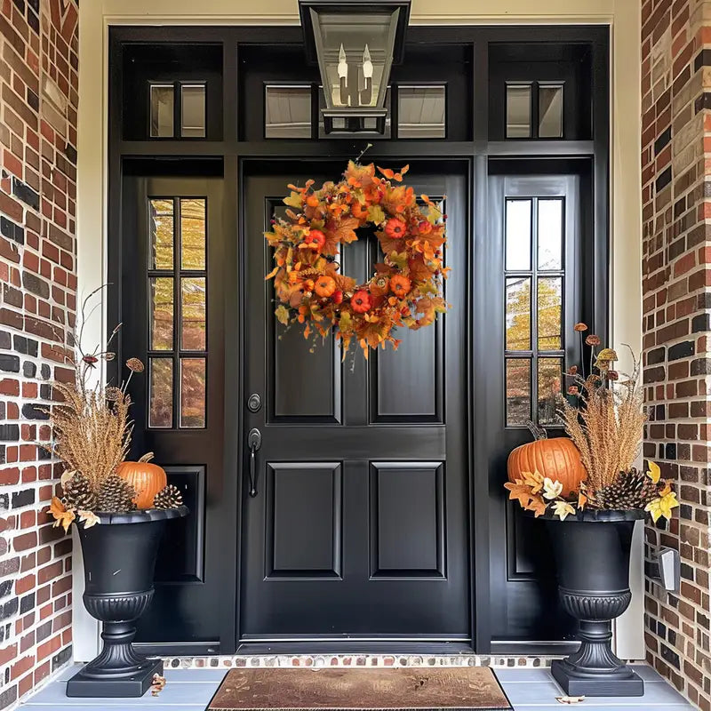 Fall Wreath Pumpkin Wreath for Front Door with Maple Leaves Harvest Wreath for Door Window Porch Thanksgiving Halloween Decor