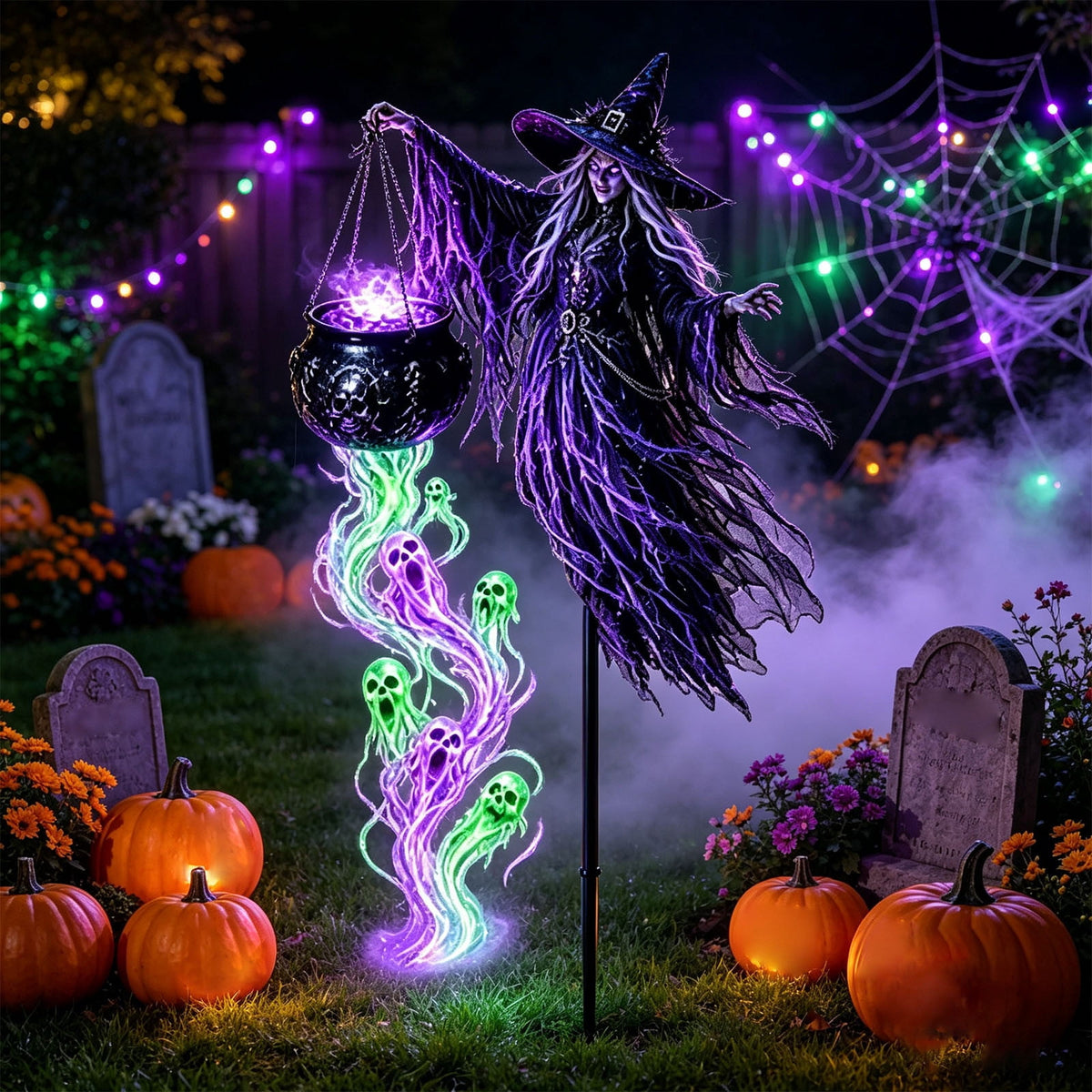 Solar Halloween Metal Moon Black Cat Garden Stake with LED Pumpkin Lantern, Light Up Star Bat Yard Decor Stake, Spooky Outdoor Lawn Pathway Halloween Decoration