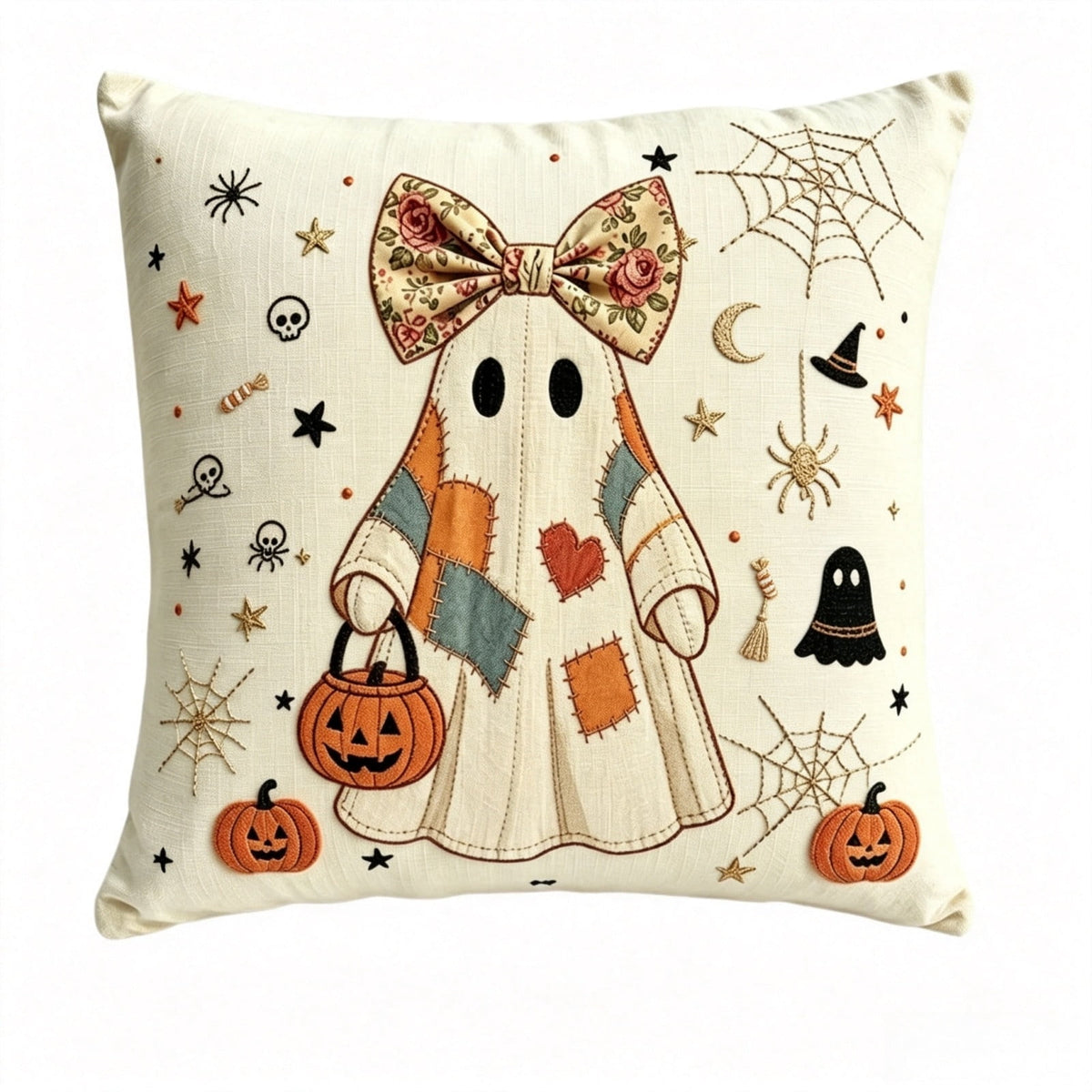 Cute Reading Ghost Plush Throw Pillow, Halloween Book & Pumpkin Bucket Ghost Stuffed Cushion, Spooky Season Decorative Pillow, for Sofa, Bedroom, Party Decor