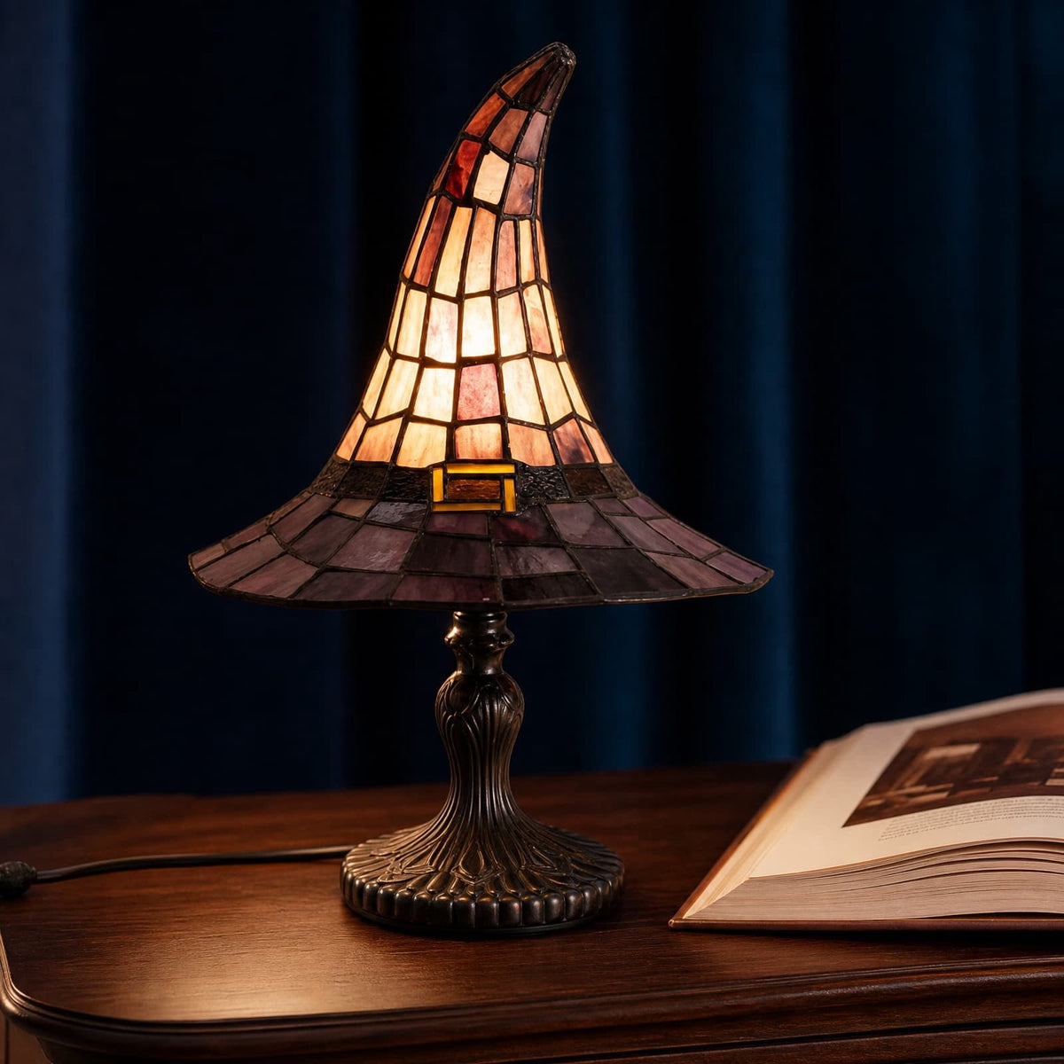 BZPIZ Witch Hat Lamp Handcrafted Retro Resin Stained Witch Hat Desk Lamp Halloween Home Decor Gothic Wizard Hats Night Light for Bedroom & Bookshelf