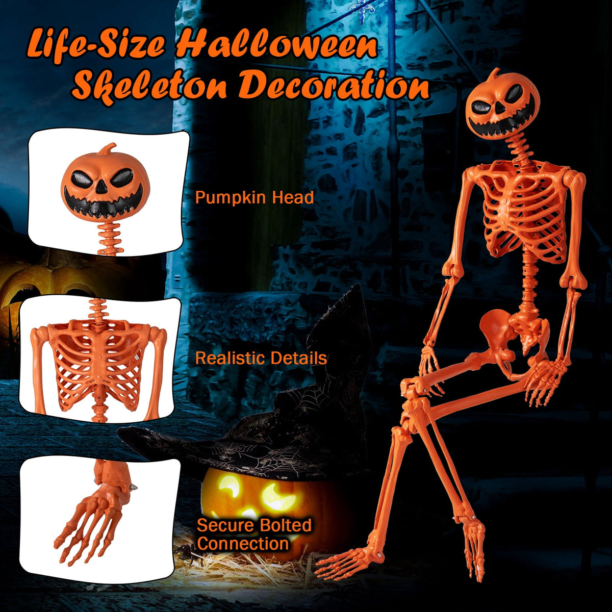 Costway 5.5 FT Poseable Halloween Skeleton Life-Size Decoration with Built-in Lights Green
