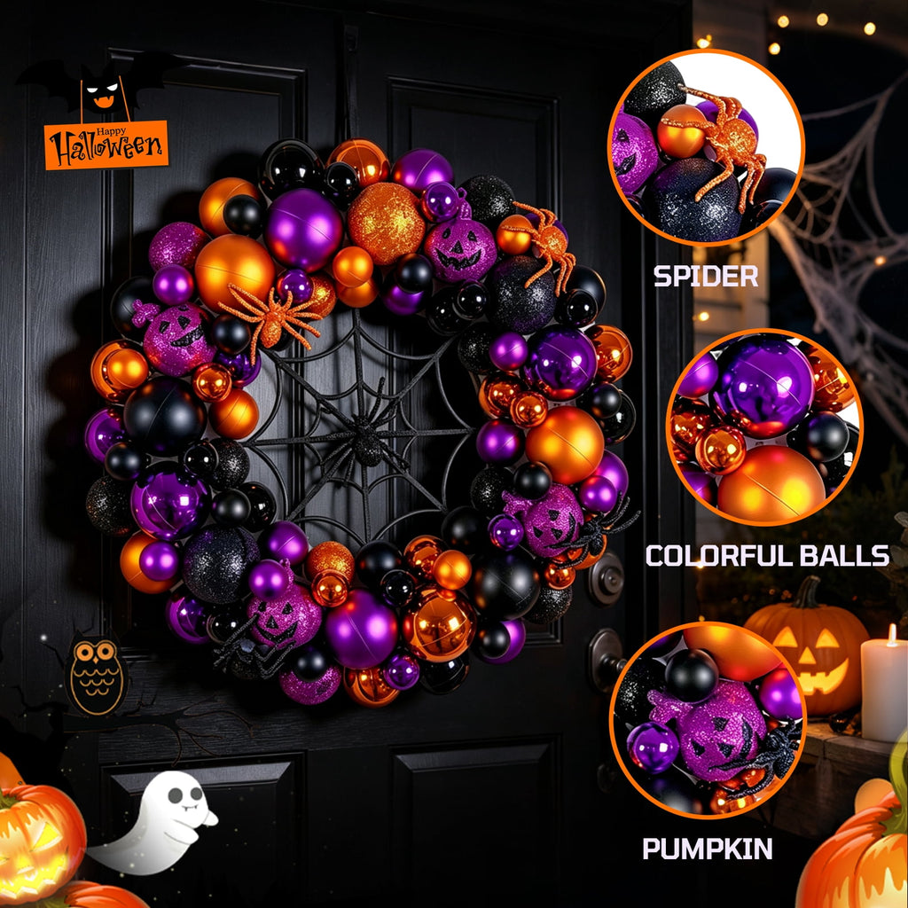 Godance 16 Inch Purple Halloween Spider Ball Wreath for Front Door, Halloween Treat-or-Trick Door Wreath Plastic Ball Ornament for Halloween Indoor Decorations Centerpiece Party Holiday Wall Decor