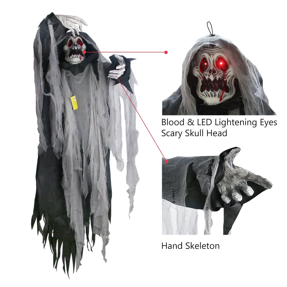 Gamexcel 5.7 ft Halloween Hanging Grim Reaper, Black Skeleton Ghost with Sensor-Activated LED Eyes and Sound, Indoor and Covered Outdoor Decor