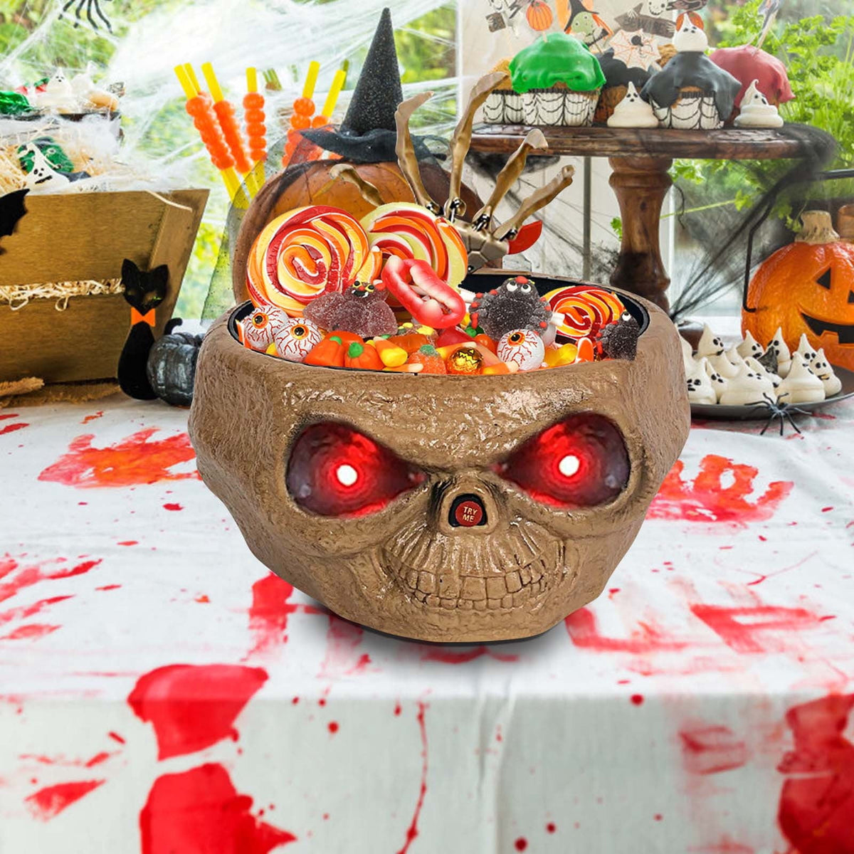 XIA0LE Halloween Candy Bowl Animated Pumpkin Candy Bowl With Moving Skeleton Hand Creepy Sound And Red Eyes For Halloween Decorations Indoors And Trick Or Treats (B)