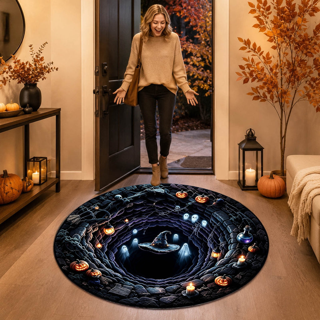 Win s Way 3D Illusion Round Halloween Rug Optical Illusion Doormat Non- Washable Entryway Decor Spooky Fall Front Door Mat for Party Decoration Available in 15.8/23.6/31.5 Inch