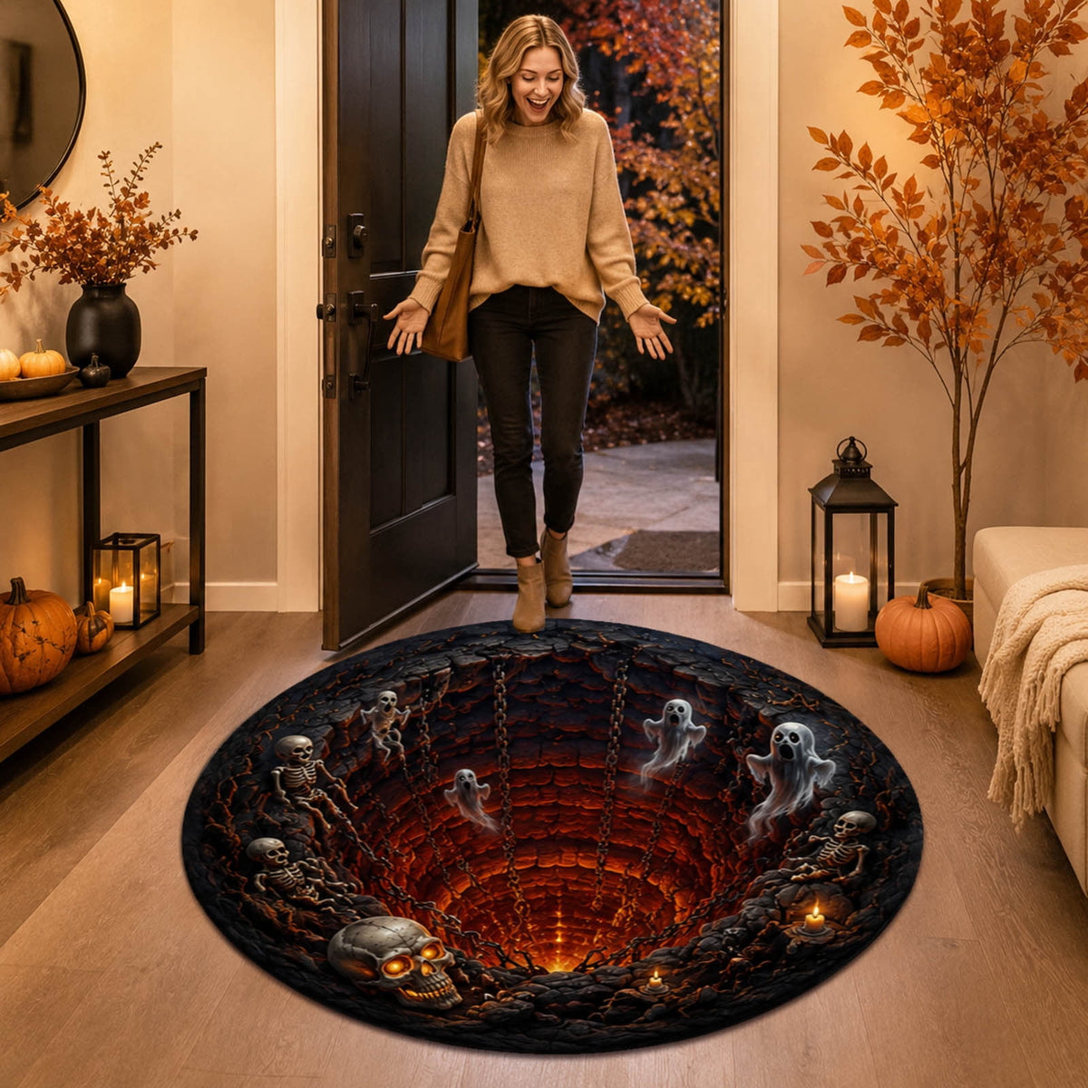 Win s Way 3D Illusion Round Halloween Rug Optical Illusion Doormat Non- Washable Entryway Decor Spooky Fall Front Door Mat for Party Decoration Available in 15.8/23.6/31.5 Inch