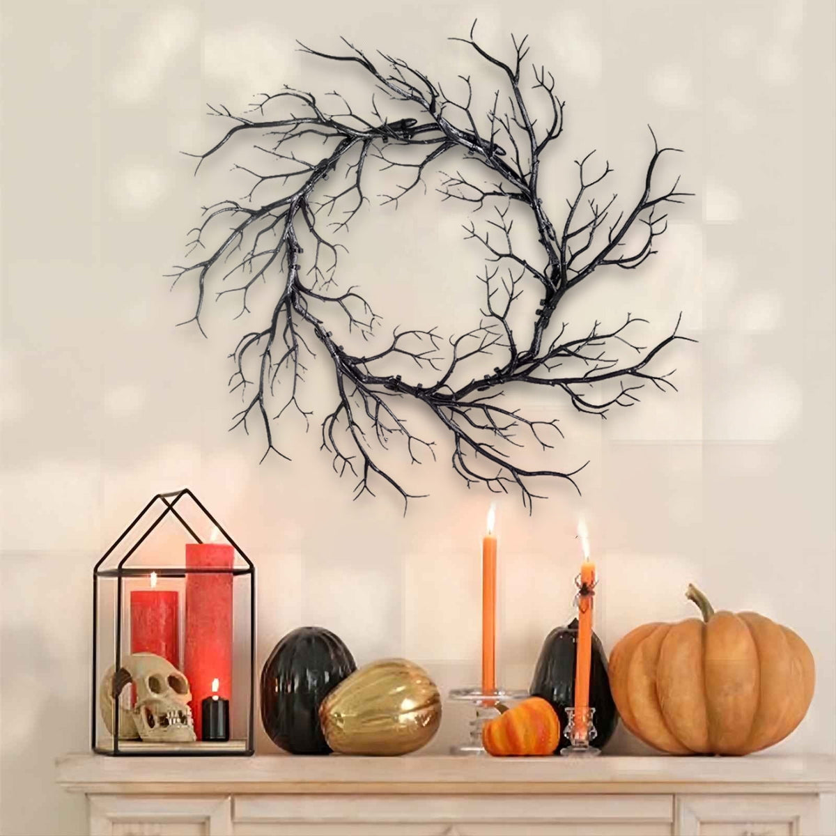 Plastic Twig Wreath for Front Door Halloween Decor, Indoor Outdoor Hanging Ornament with Spooky Vibe