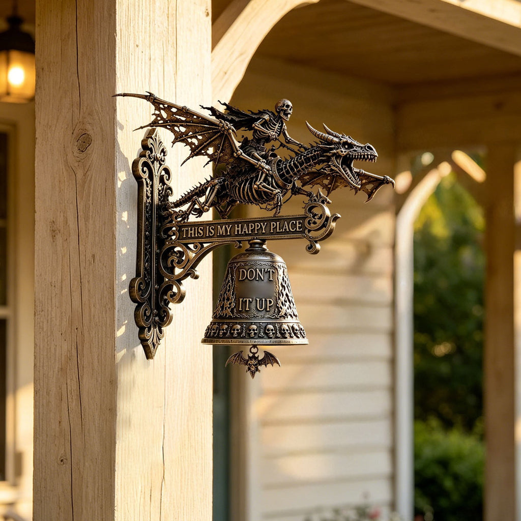 Metal Skeleton Dragon Rider Wall Bell, Gothic Skull Bat Embossed Doorbell Plaque with Quote Sign, Spooky Vintage Wall Hanging Decor for Front Door Halloween Home Ornament 6 Inch