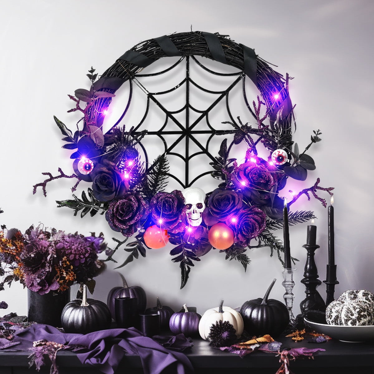 CASAFUN Halloween Wreath for Front Door 15 Inch Black Spider Web and Horror Skull Fake Flowers Ornamnets Scary Halloween Decor Spooky Home Party Fireplacce Window Wall Hanging Decor