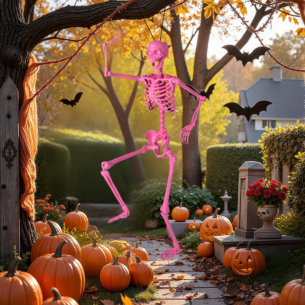 Costway 5.5 FT Poseable Halloween Skeleton Life-Size Decoration with Built-in Lights Green