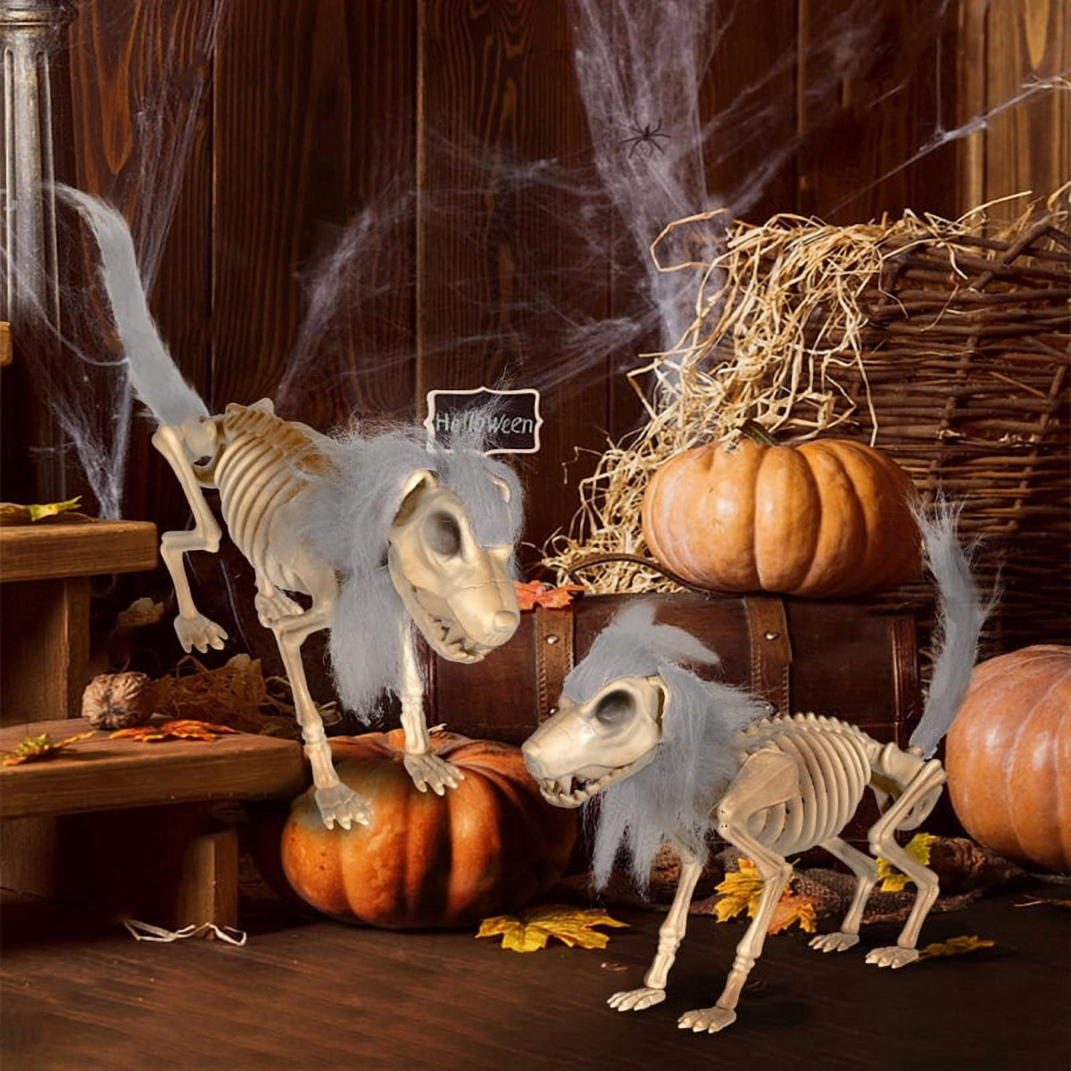 14.9 inches Sitting Skeleton Dog,Plastic Hairy Animal Skeleton Decorations,Gothic Posable Dog Body, Spooky Party Favors,Halloween Full Body Posable Joints Hairy Dog Skeleton Graveyard Party Decor