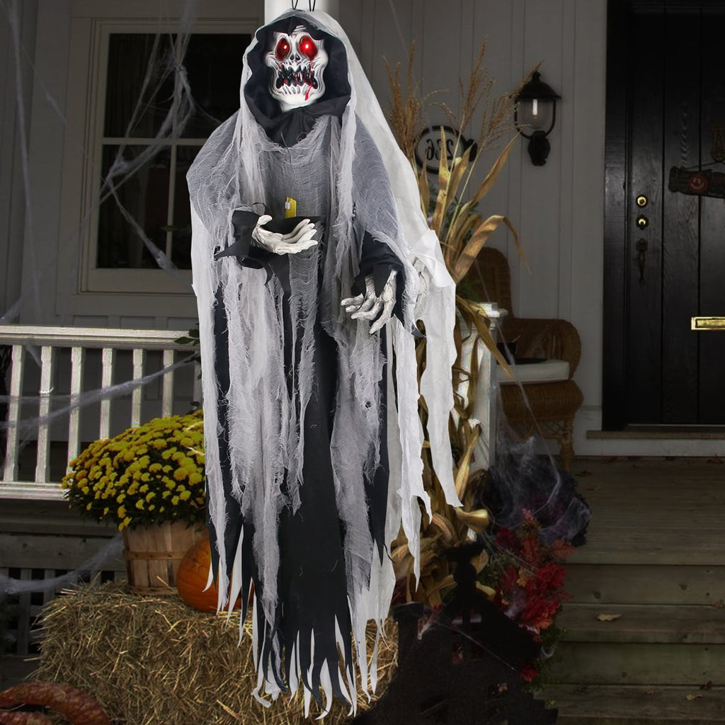 Gamexcel 5.7 ft Halloween Hanging Grim Reaper, Black Skeleton Ghost with Sensor-Activated LED Eyes and Sound, Indoor and Covered Outdoor Decor