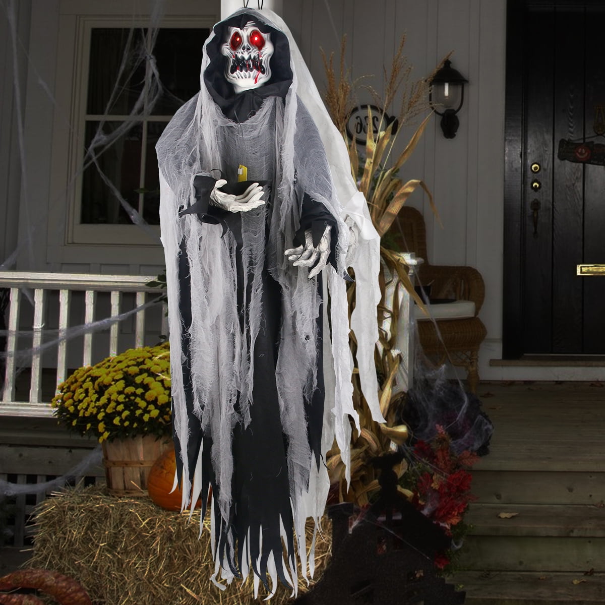 Gamexcel 5.7 ft Halloween Hanging Grim Reaper, Black Skeleton Ghost with Sensor-Activated LED Eyes and Sound, Indoor and Covered Outdoor Decor