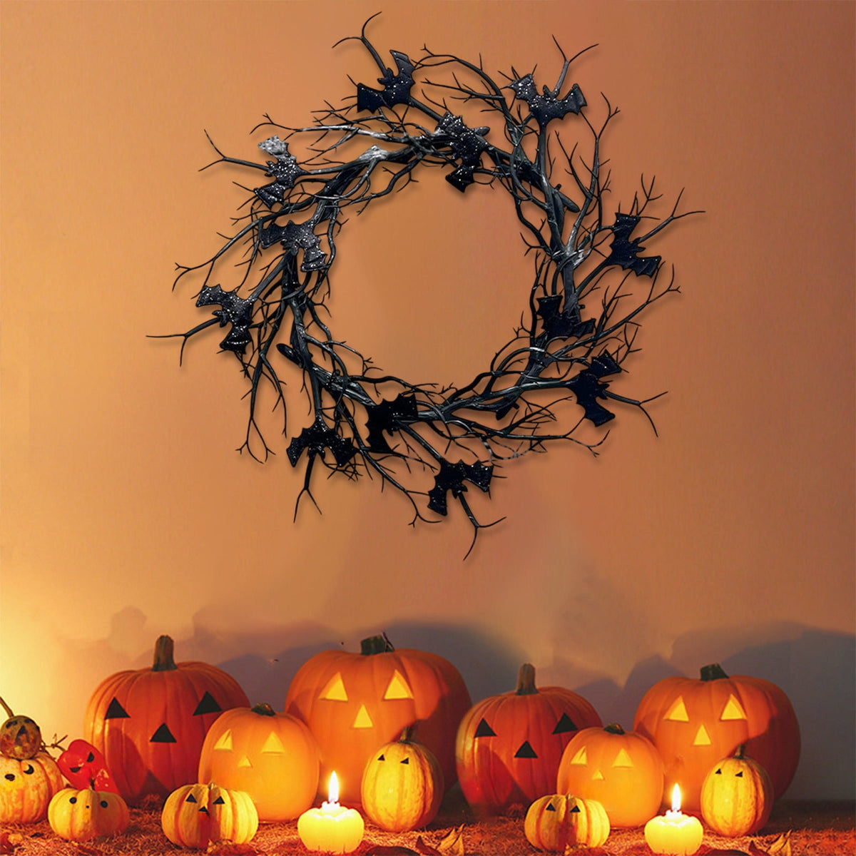 Halloween Wreath, Black Twig Wreath for Front Door, Artificial Spooky Branch Decor for Indoor Outdoor Home Party, Wall Hanging Ornament