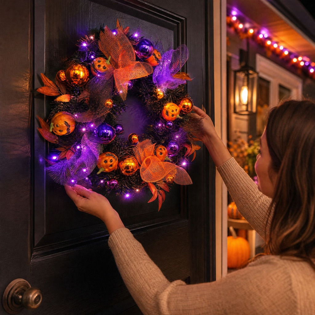 Ktlvex 20" Halloween Wreaths Decoration for Front Door,Black Wreaths Pumpkin Feather Maple Leaves with Lights,Halloween Indoor Outdoor Home Decor（B）
