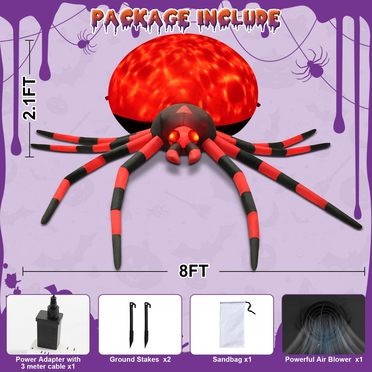Yexmas 8FT Halloween Inflatables Outdoor Decorations Giant Spider Decorations with LED Lights and Air Pump Blow up Inflatable Green