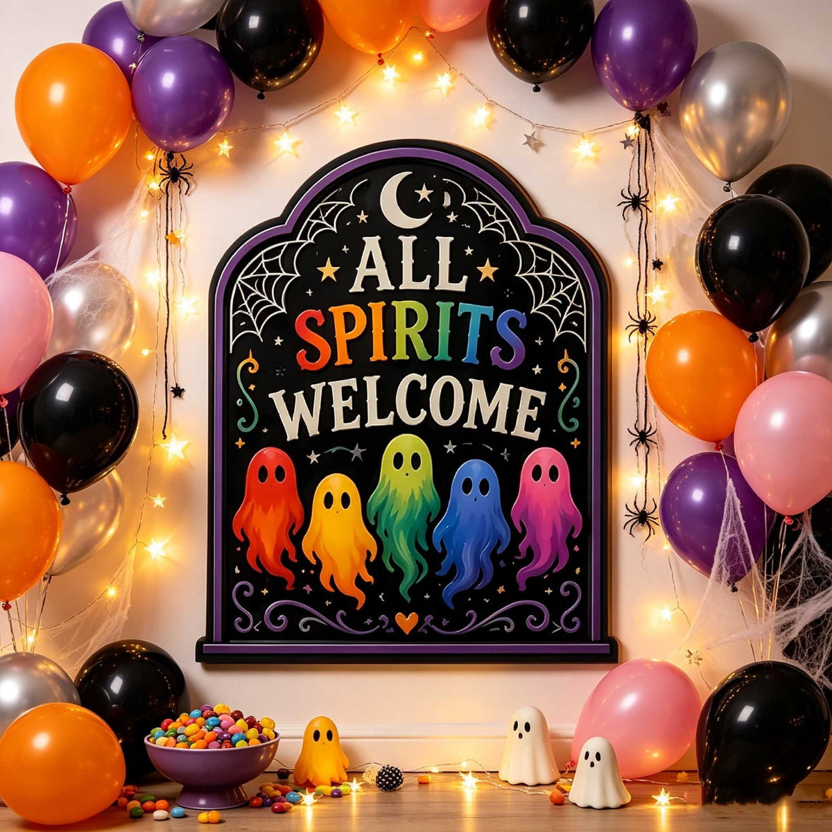Halloween Ghost-Shaped Wall Sign, Festive Party Decoration, Playful Seasonal Accent, Lighthearted Tone and Exciting Atmosphere, for spooky Family Parties and festive Home Walls.