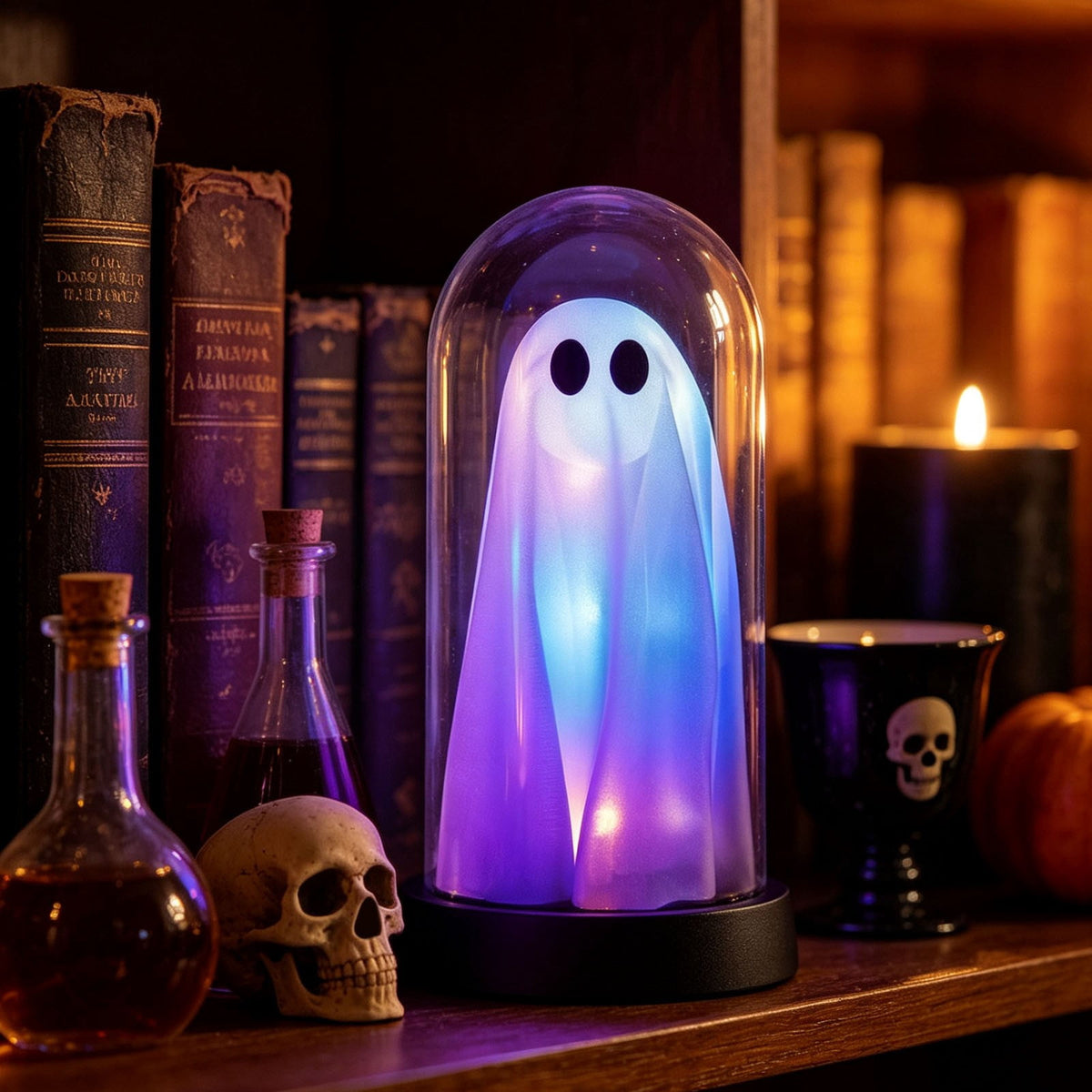Orangide Halloween Ghost Cloche Night Light Fabric Ghost Lamp with Glass Dome for Mantel Shelf Spooky Party and Home Decor Ornament