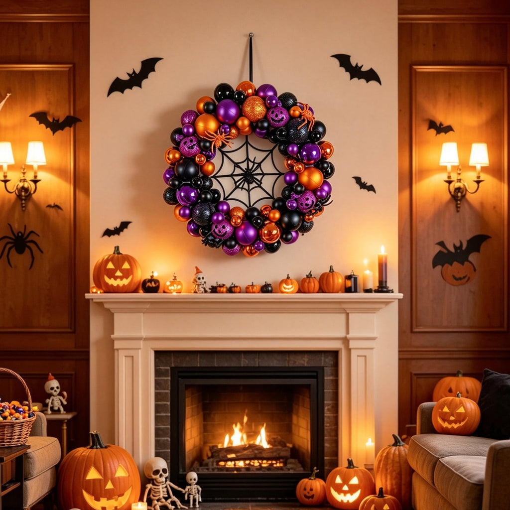 Godance 16 Inch Purple Halloween Spider Ball Wreath for Front Door, Halloween Treat-or-Trick Door Wreath Plastic Ball Ornament for Halloween Indoor Decorations Centerpiece Party Holiday Wall Decor
