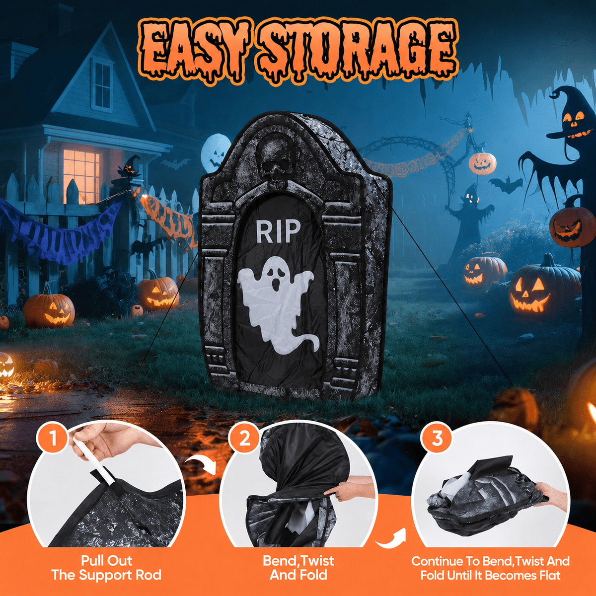 Toiyjofe 3.5ft Large Halloween Tombstone Decoration with LED Skull Eyes, Battery Powered Foldable Graveyard Decor for Lawn, Garden & Haunted House