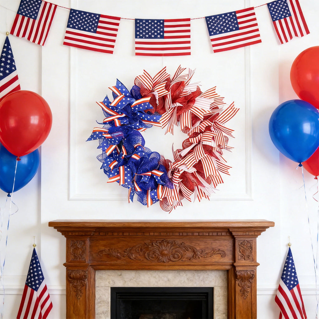 AZXY 20 Inch 4th of July Patriotic Wreath, Red White Blue Mesh Wreath with American Flag Star & Stripe Ribbons, Patriotic Americana Decor for Independence Day Memorial Day Front Door Indoor Outdoor