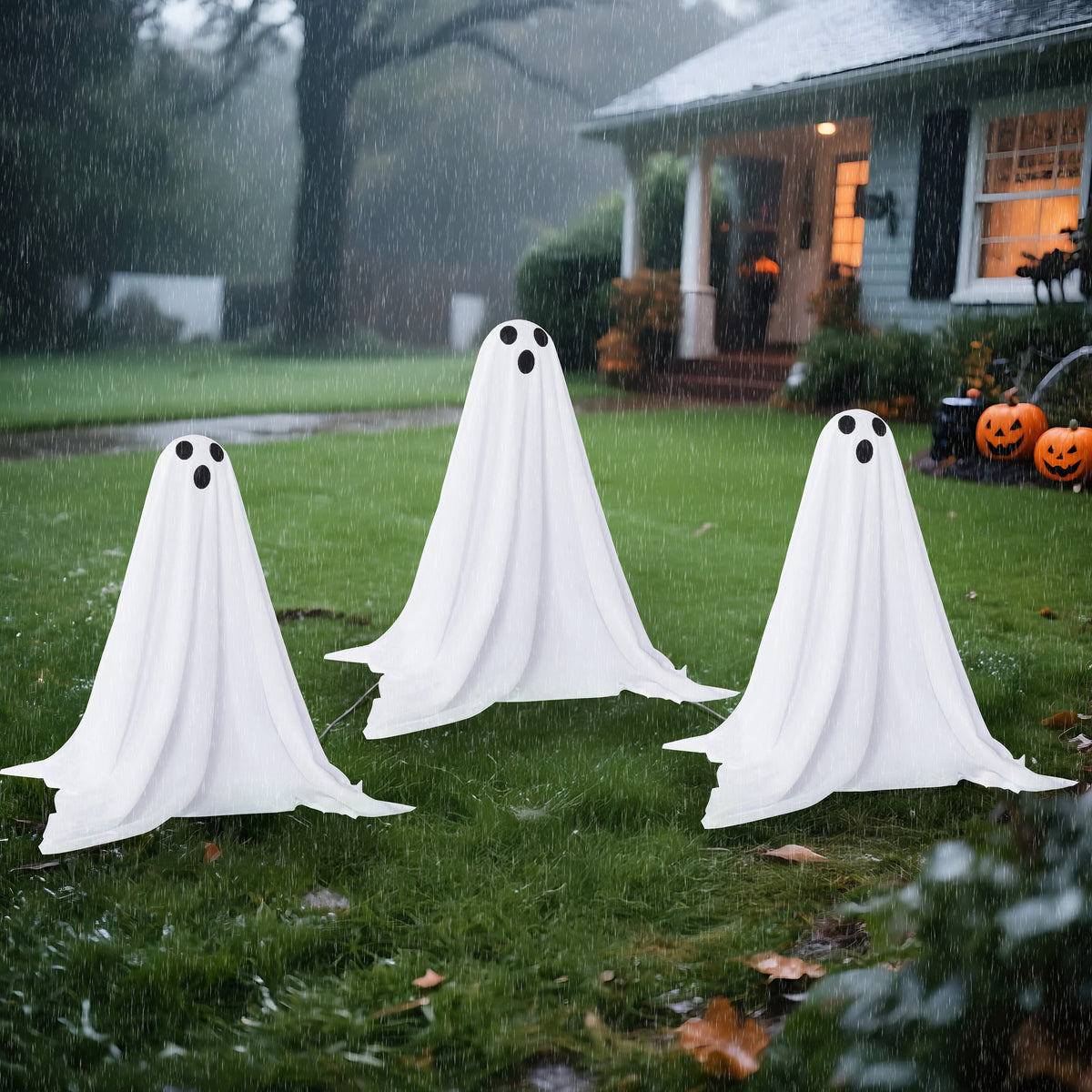 Joyfy 3 Packs Halloween Ghost Decorations Outdoor, Light Up Flying Ghost Pathway Lights， Battery Operated Watereproof Ghost Deocr with 3 Stakes, Halloween Yard Front Porch Haunted House Decorations