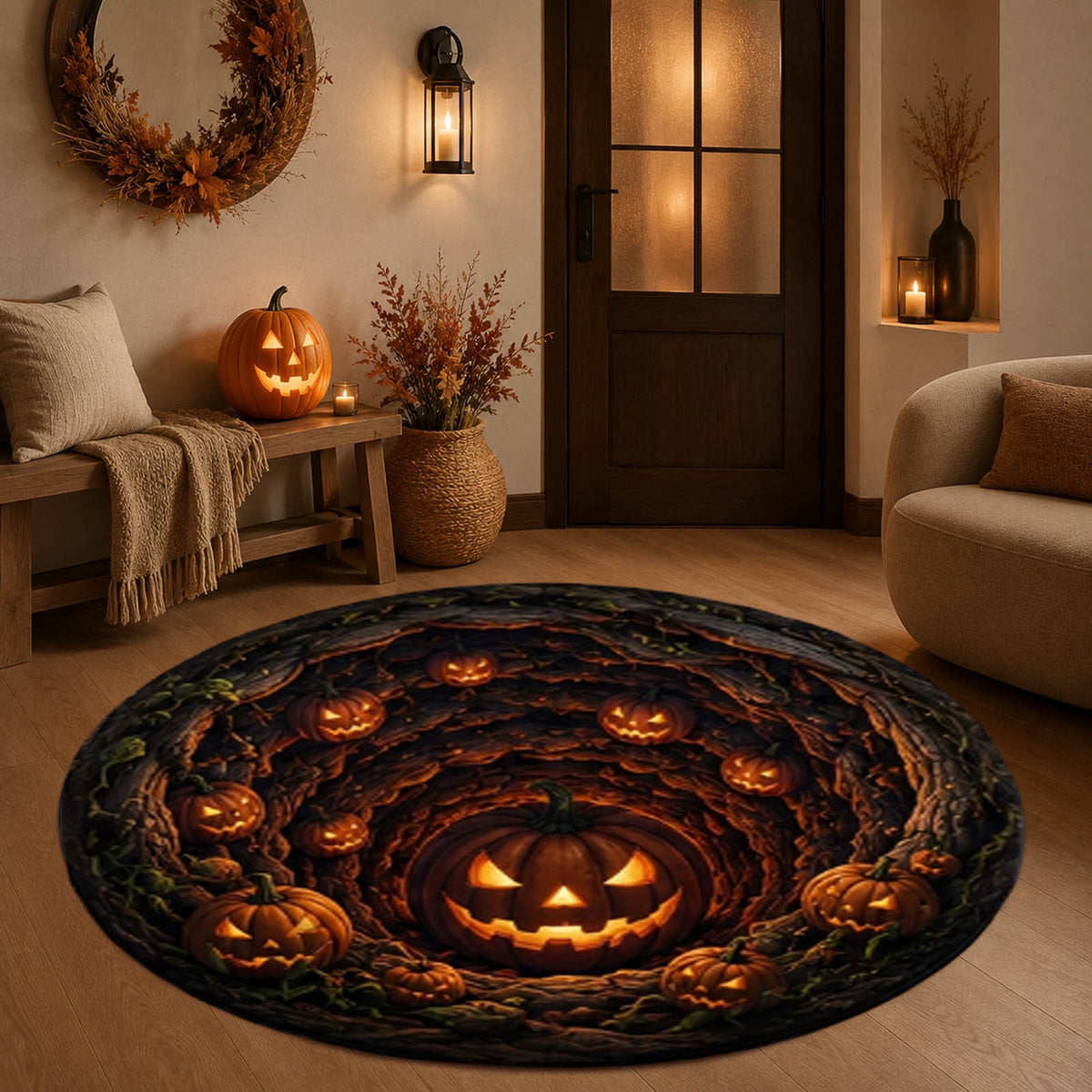 Win s Way 3D Illusion Round Halloween Rug Optical Illusion Doormat Non- Washable Entryway Decor Spooky Fall Front Door Mat for Party Decoration Available in 15.8/23.6/31.5 Inch