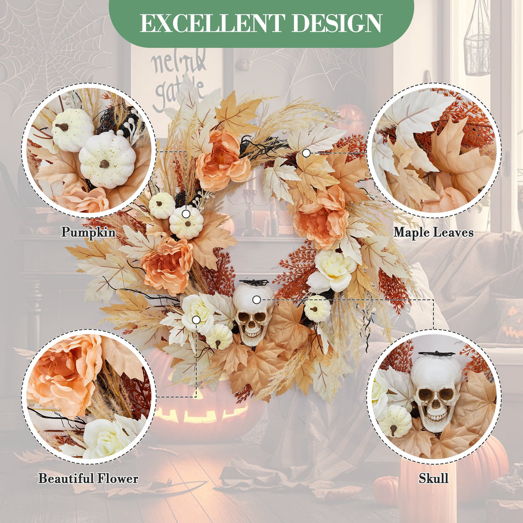 24 in Halloween Wreaths for Front Door.Fall Pumpkin Maple Leaves Wreath with Spooky Skeleton.Fall Halloween Door Decor. Outdoor Wreath for Porch Wall Window Decorations