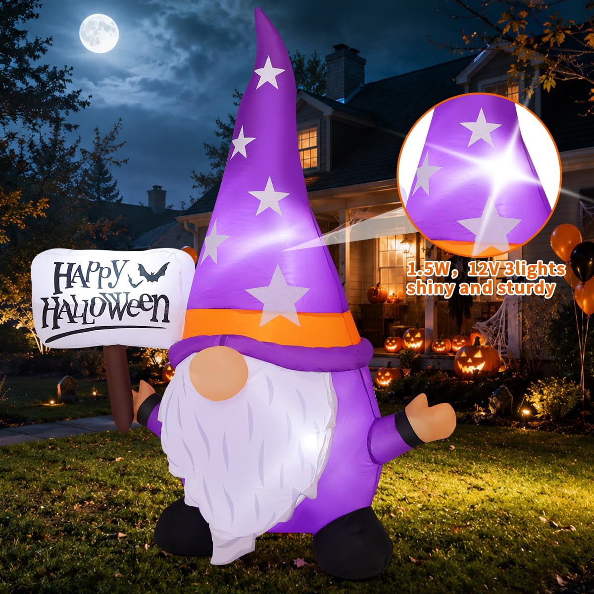 COMIN 5 FT Tall Halloween Inflatable Gnome Holding Happy Halloween Sign Outdoor Blow Up Gnome with Built-in LED Lights for Garden Patio Porch Holiday Party