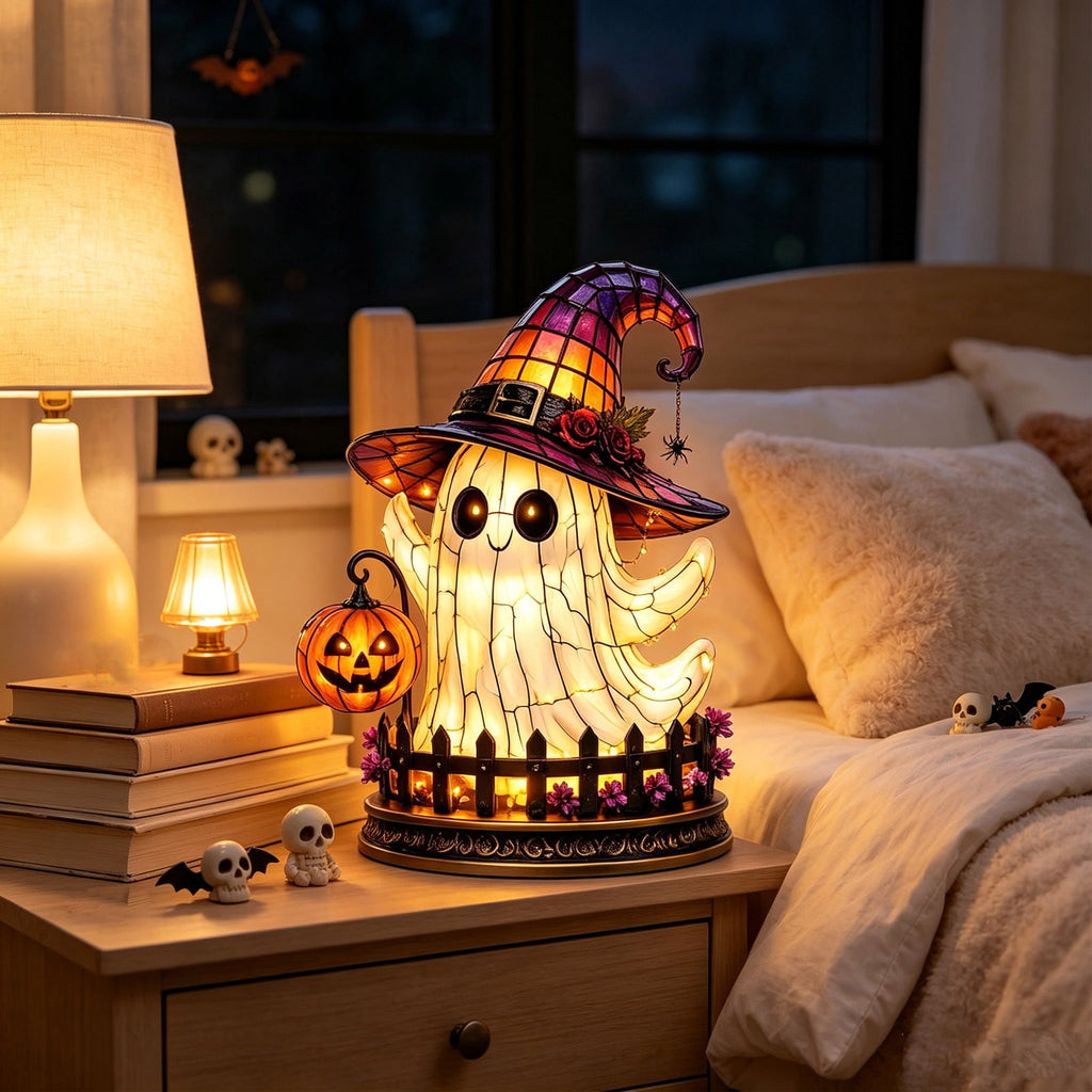 Halloween Lighted Witch Cauldron Decor Lamp, Stained Glass Witch Hat Magic Pot Night Light with Pumpkin & Potion Bottle Details, Spooky Vintage Tabletop Ornament for Mantel Living Room Party