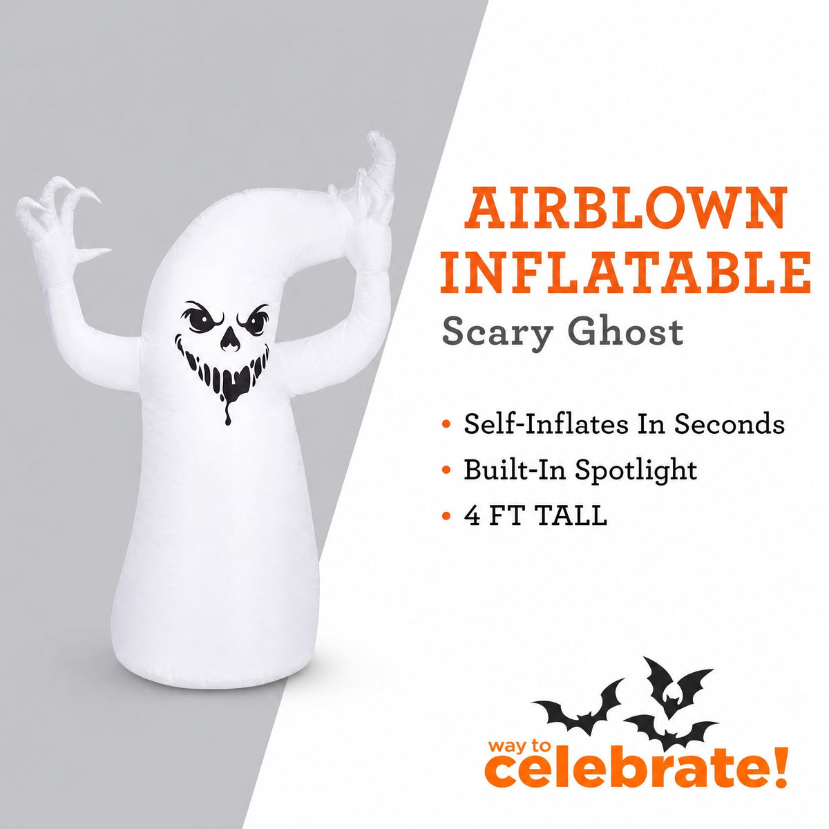 Scary Ghost Airblown Yard Inflatable, Black and White, 4', Halloween by Way To Celebrate