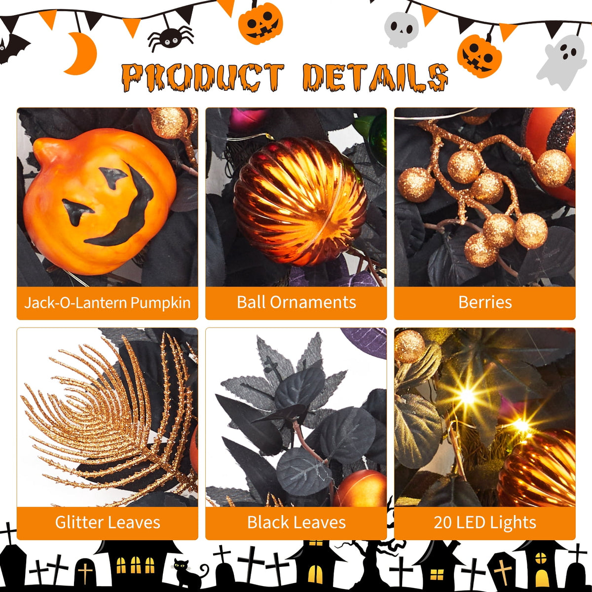 Garvee Halloween Wreath for Front Door, 18 Inch/20 Inch Fall Wreath for Indoor Outdoor Wall Window Porch Patio Garden Farmhouse Home Party Prom Decoration