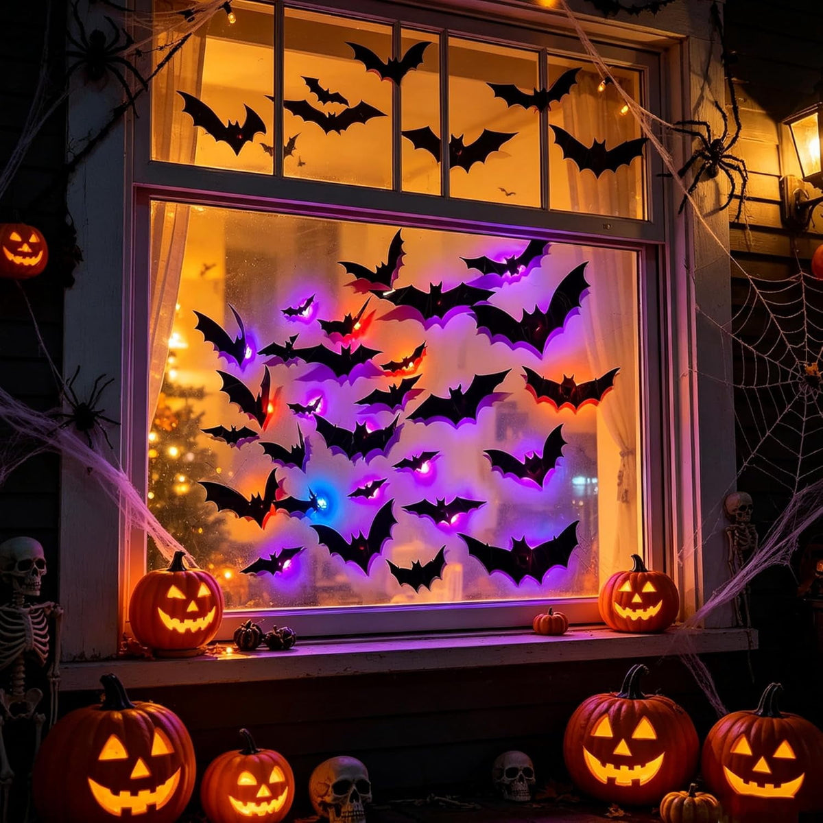 CQHVKQ 36 PCS Halloween Bats Decorations, Realistic 3D LED Bats Wall Stickers Decor, Assorted Size Removable Lighted PVC Bats DIY Wall Sticker for Halloween Party, Bedroom, Home, Indoor and Outdoor