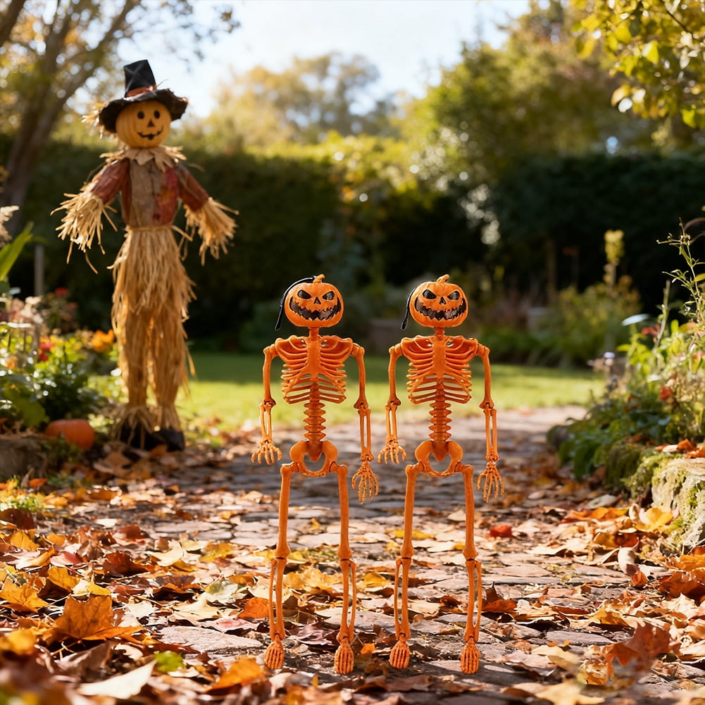 2Pcs 15" Halloween Pumpkin Skeleton for Yard Garden Props Halloween Party Decor
