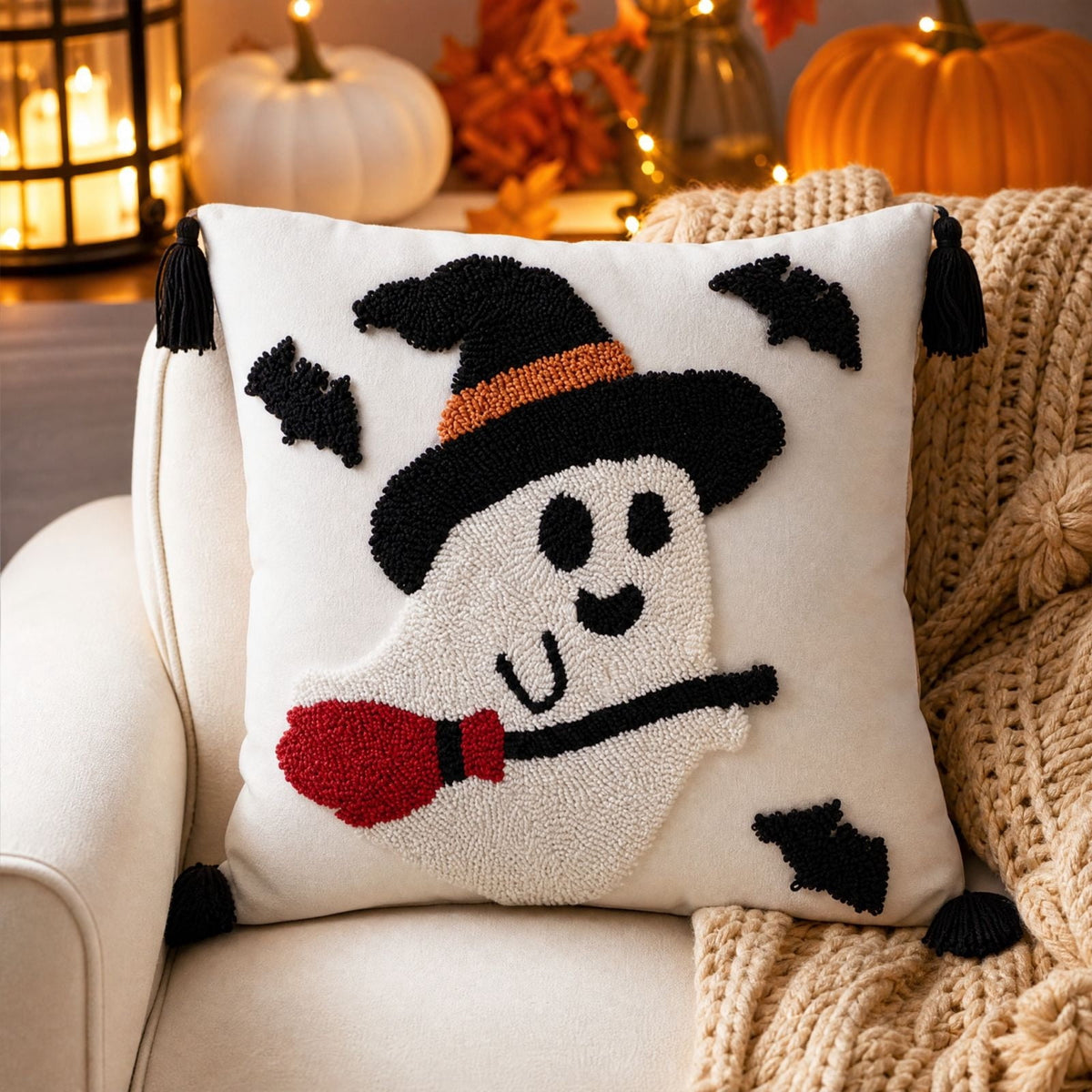 Cute Reading Ghost Plush Throw Pillow, Halloween Book & Pumpkin Bucket Ghost Stuffed Cushion, Spooky Season Decorative Pillow, for Sofa, Bedroom, Party Decor