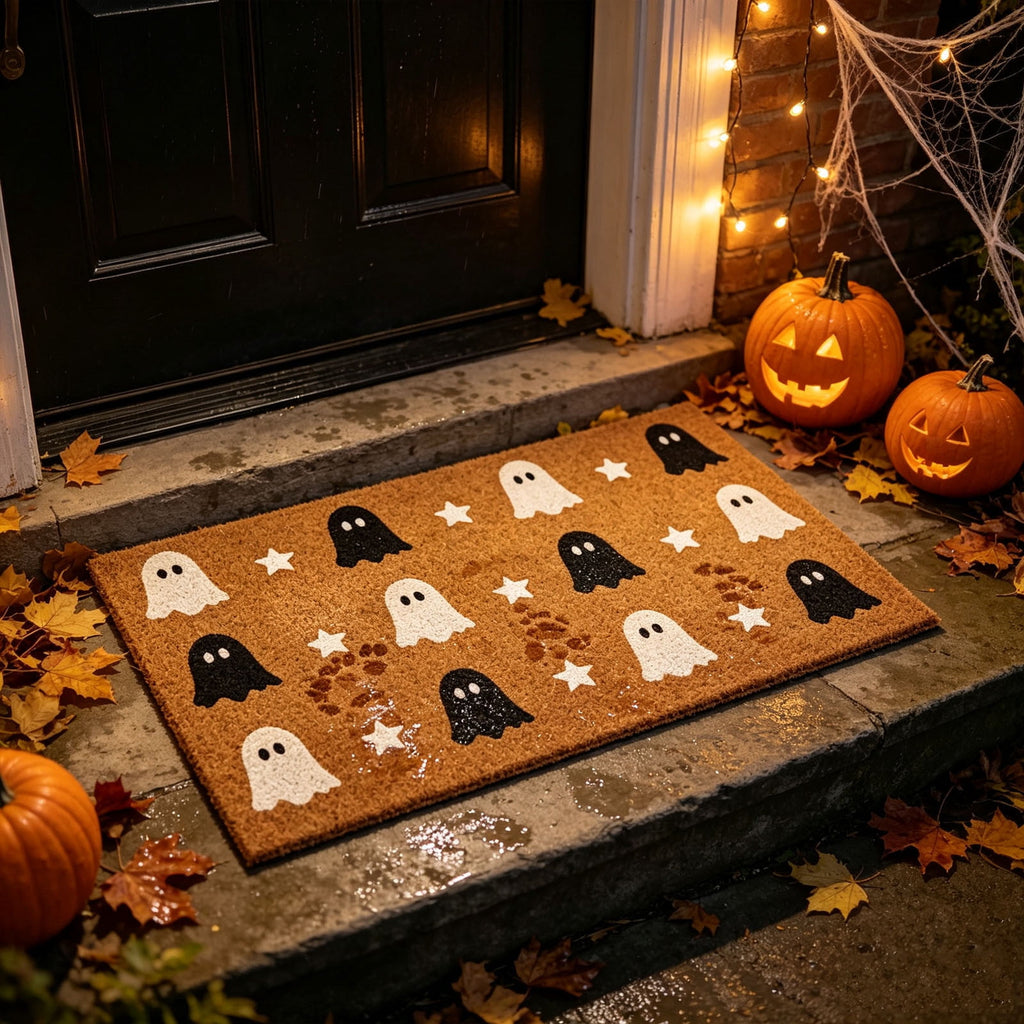 Fllostpr Halloween Pumpkin & Crow Welcome Doormat for Front Door, Non-Slip Vintage Brown Coir Floor Mat for Outdoor Porch Entryway Decor,16x24 Inch