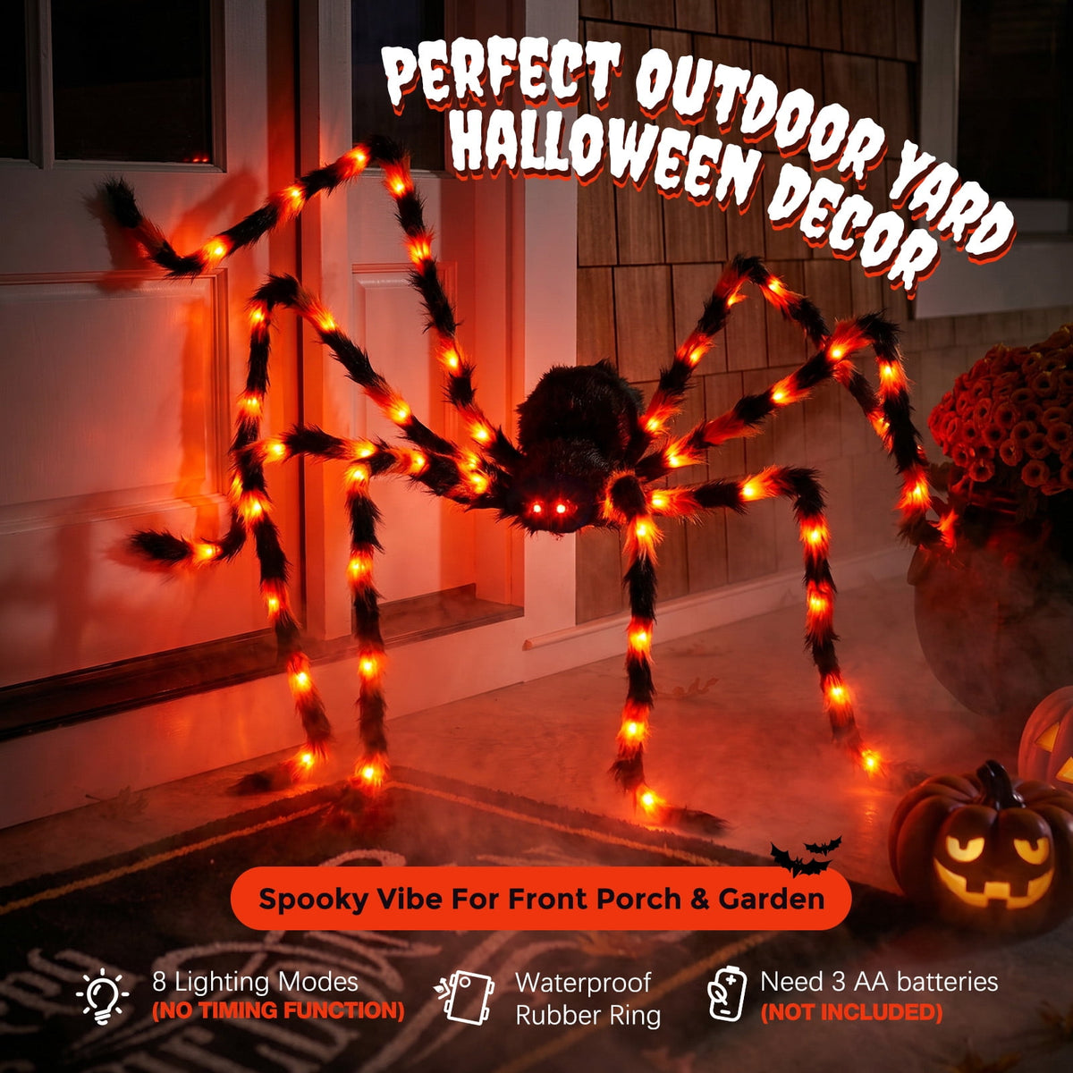 Ayieyill 5ft Giant Light-up Halloween Spider, Scary Hairy Fabric Spider for Indoor Outdoor Yard Haunted House Decor, Purple