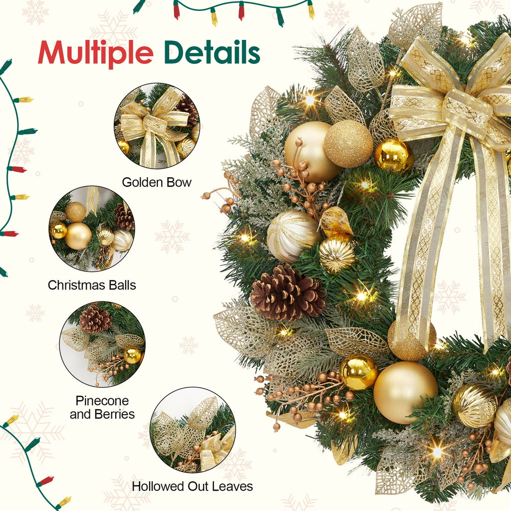 JoanKaren 24 inch Large Christmas Wreath Silver White with 20 LED Lights,Prelit Xmas Wreath w/ Ball Ornaments Pine Cone