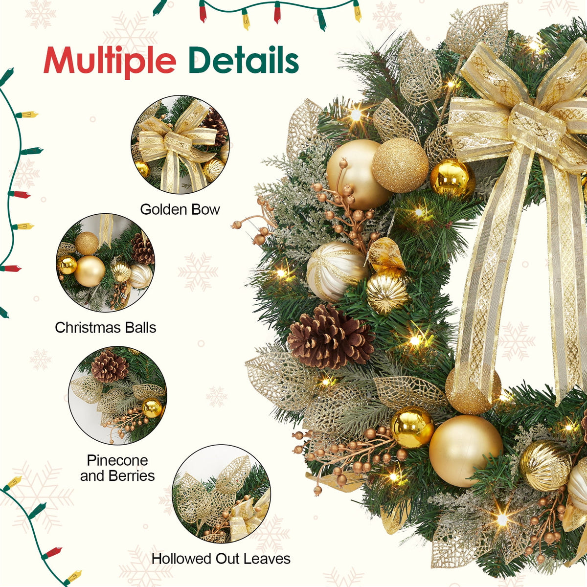 JoanKaren 24 inch Large Christmas Wreath Silver White with 20 LED Lights,Prelit Xmas Wreath w/ Ball Ornaments Pine Cone