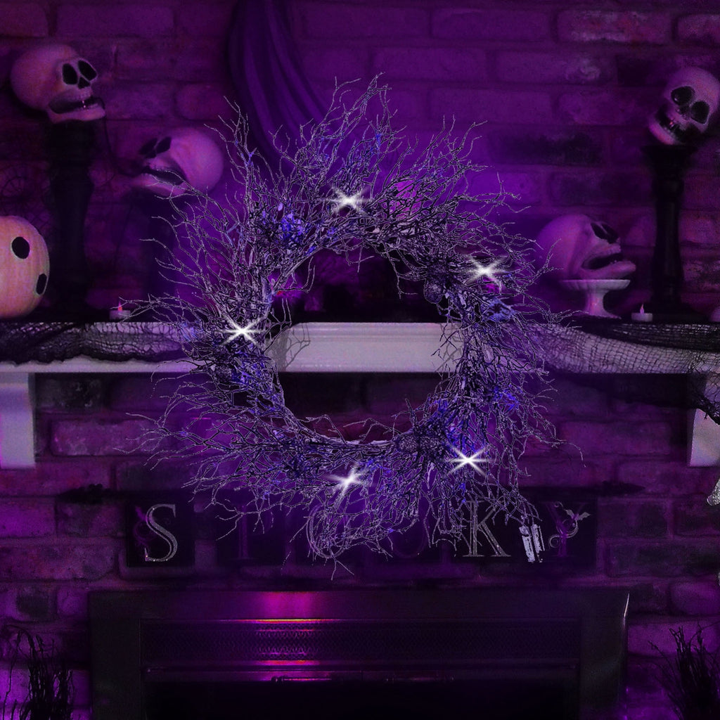 18" Lighted Halloween Wreath for Front Door - Black Spider Wreath with Purple LED Lights - Battery Powered Indoor/Outdoor Decor for Porch, Parties & Spooky Home Decor