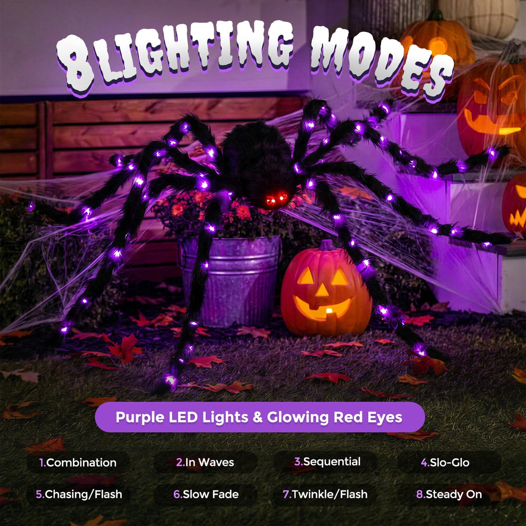 Ayieyill 5ft Giant Light-up Halloween Spider, Scary Hairy Fabric Spider for Indoor Outdoor Yard Haunted House Decor, Purple