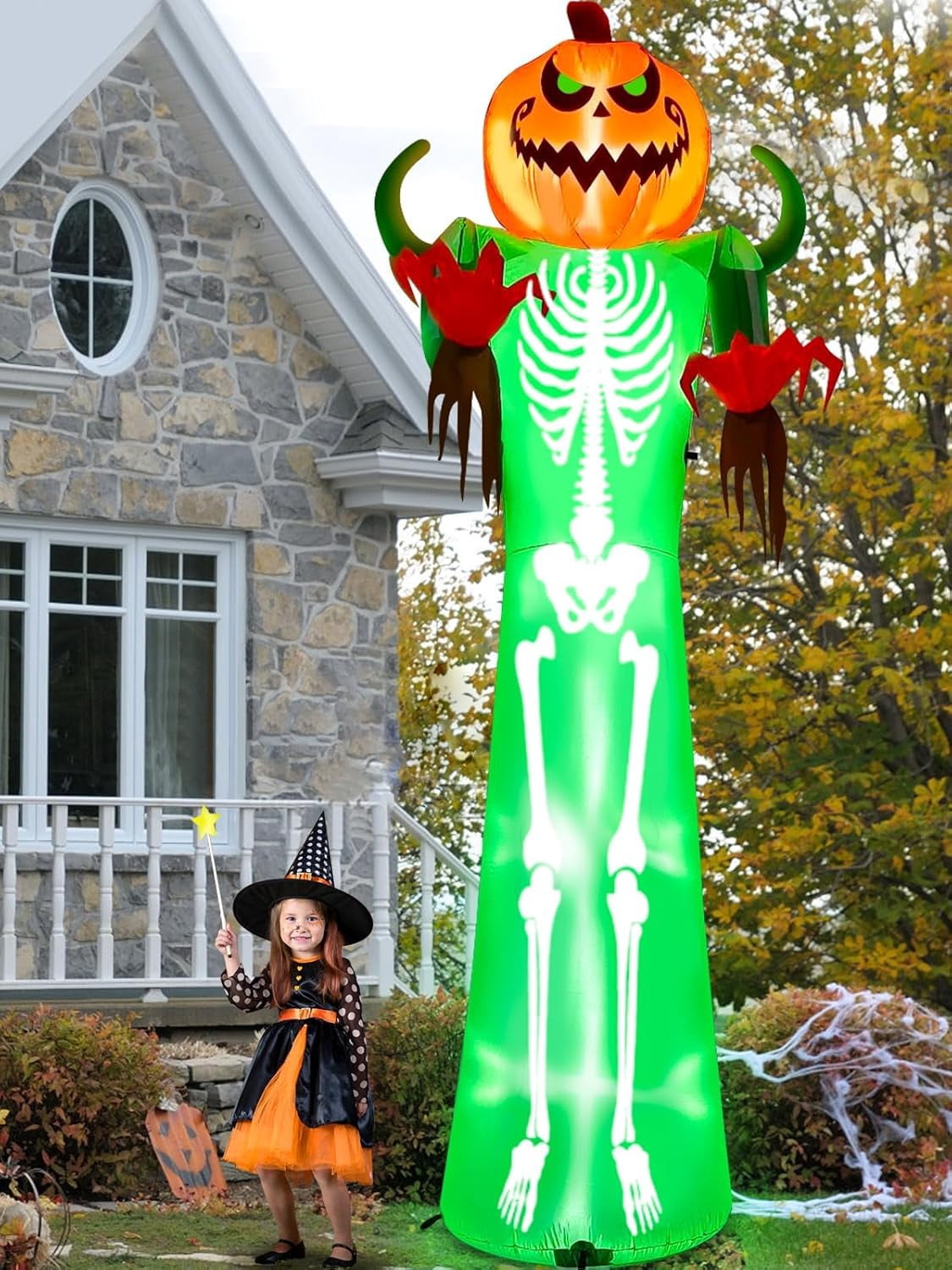 Kalolary 12FT Halloween Inflatable with LED Lights – Giant Pumpkin & Skeleton Outdoor Decoration for Yard, Lawn, Home, & Party – Scary Blow-Up Halloween Holiday Decor